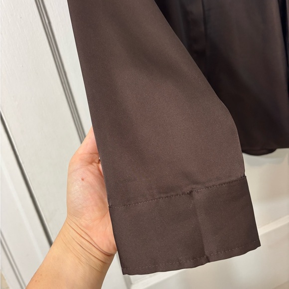 Express | Chocolate Brown Satin-esque Portofino Blouse - Picture 2 of 5